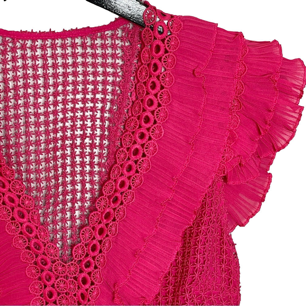 SAYLOR Pink Eyelet Ruffle Peplum Blouse Flutter Sleeve Boho Romantic Statement - Picture 9 of 16